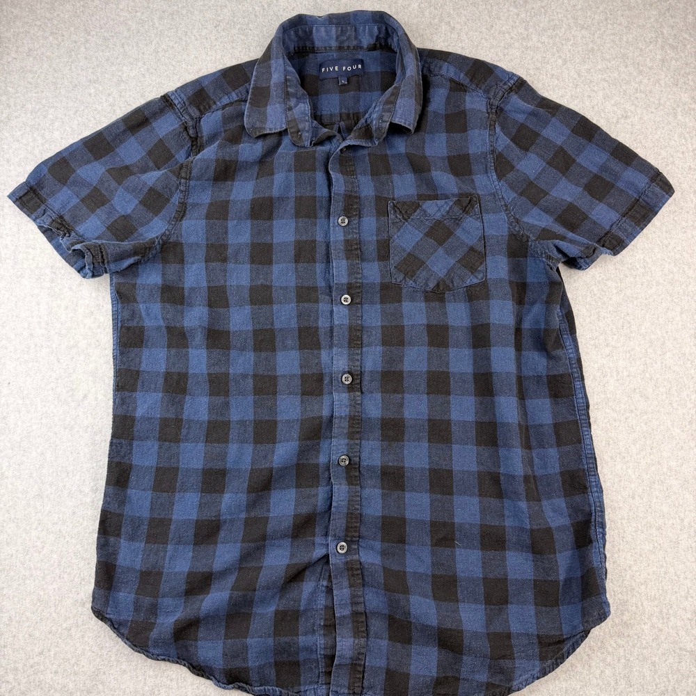 Five Four Mens Large Blue Black Buffalo Plaid Linen Cotton Short Sleeve Shirt